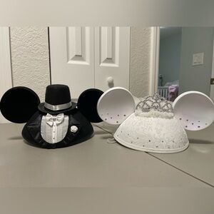 Disney Parks Mickey & Minnie Mouse Wedding Groom & Bride Ears Hat Set Tux & Veil